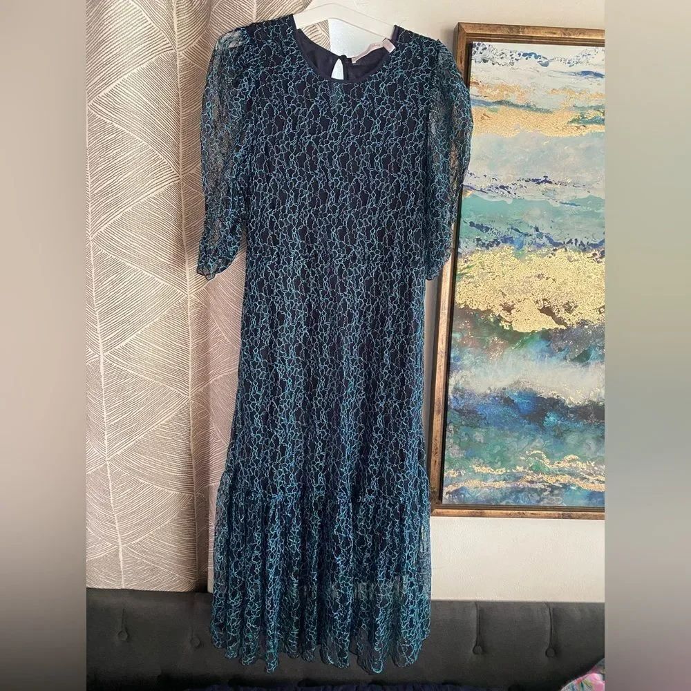 SEE BY CHLOE Black Blue Lace Knit Long Sleeve Boho Coquette Midi Dress Sz 40 US8